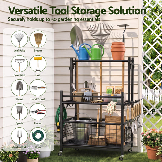 Black steel garden tool organiser with wheels, slots, hooks and a storage basket