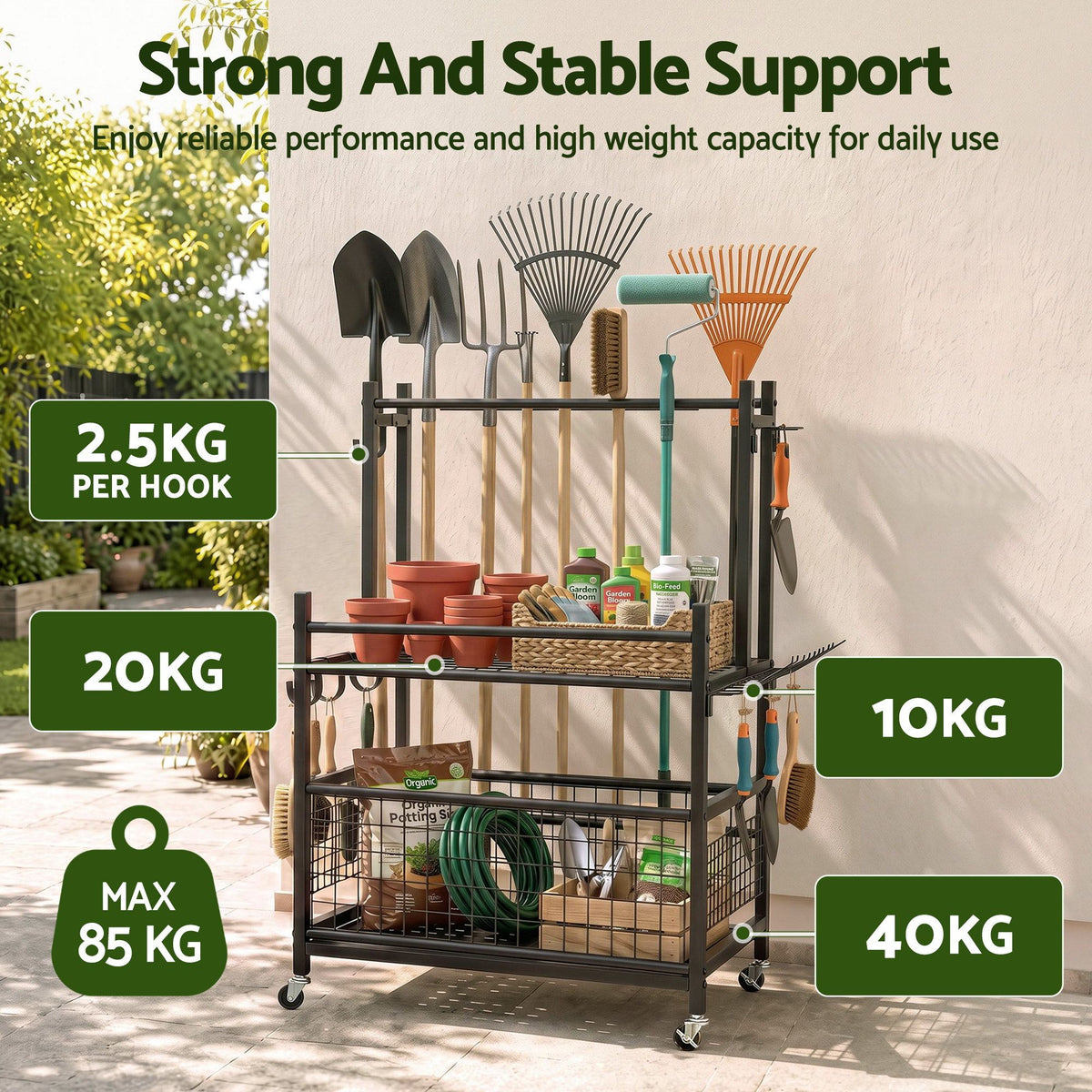 Black steel garden tool organiser with wheels, slots, hooks and a storage basket