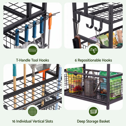 Black steel garden tool organiser with wheels, slots, hooks and a storage basket