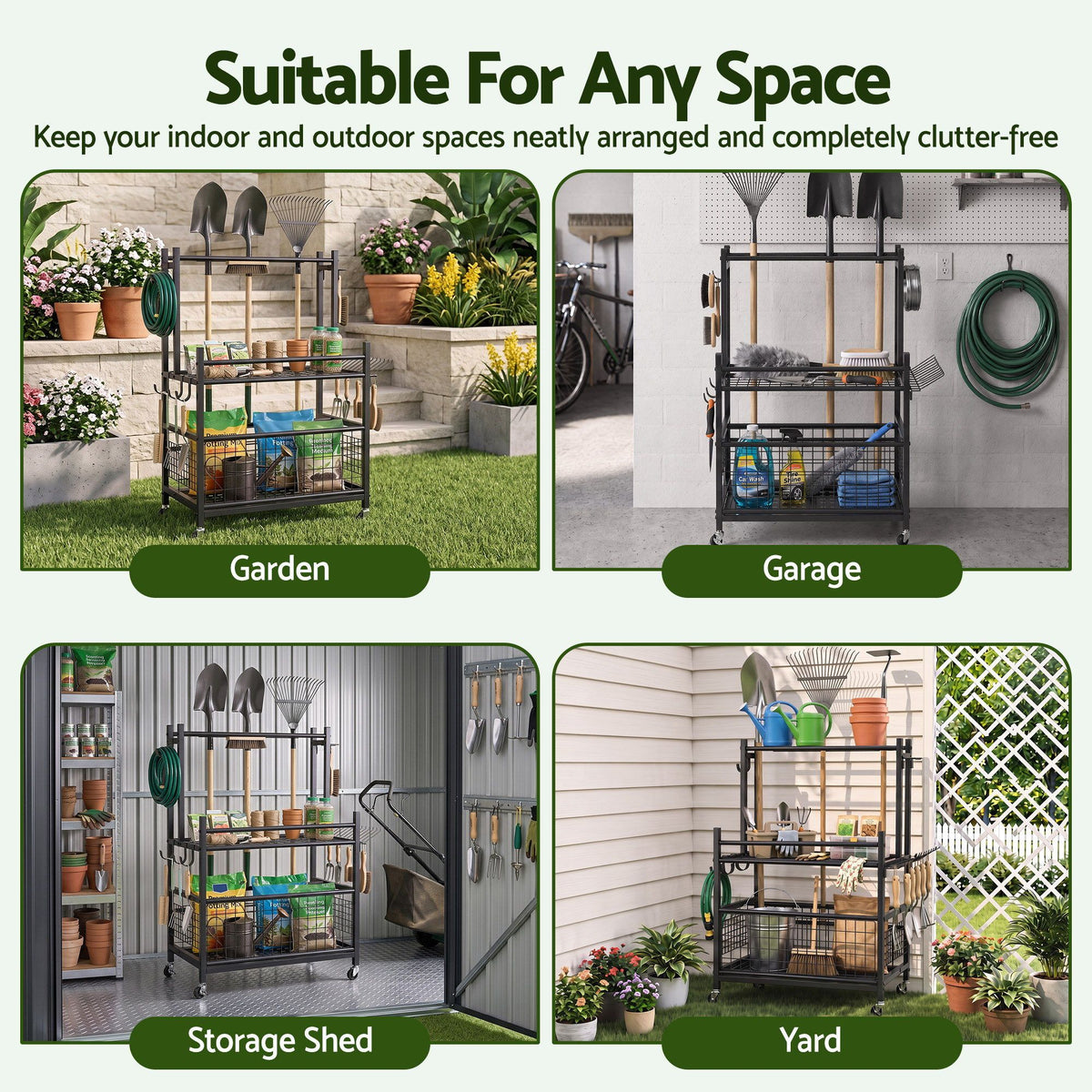 Black steel garden tool organiser with wheels, slots, hooks and a storage basket