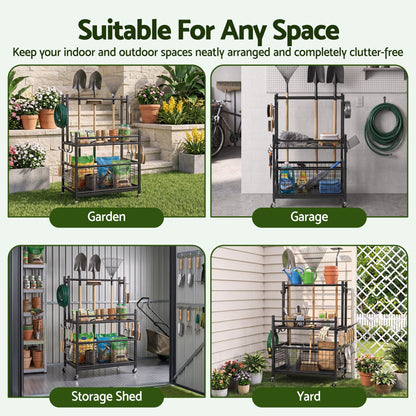 Black steel garden tool organiser with wheels, slots, hooks and a storage basket