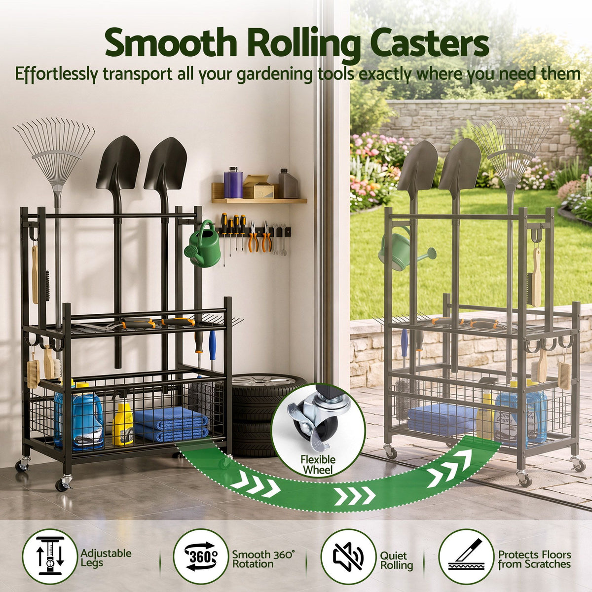 Black steel garden tool organiser with wheels, slots, hooks and a storage basket