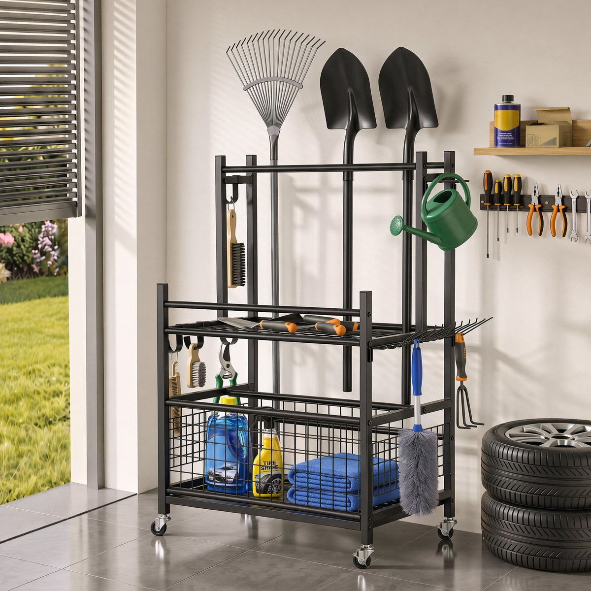 Black steel garden tool organiser with wheels, slots, hooks and a storage basket