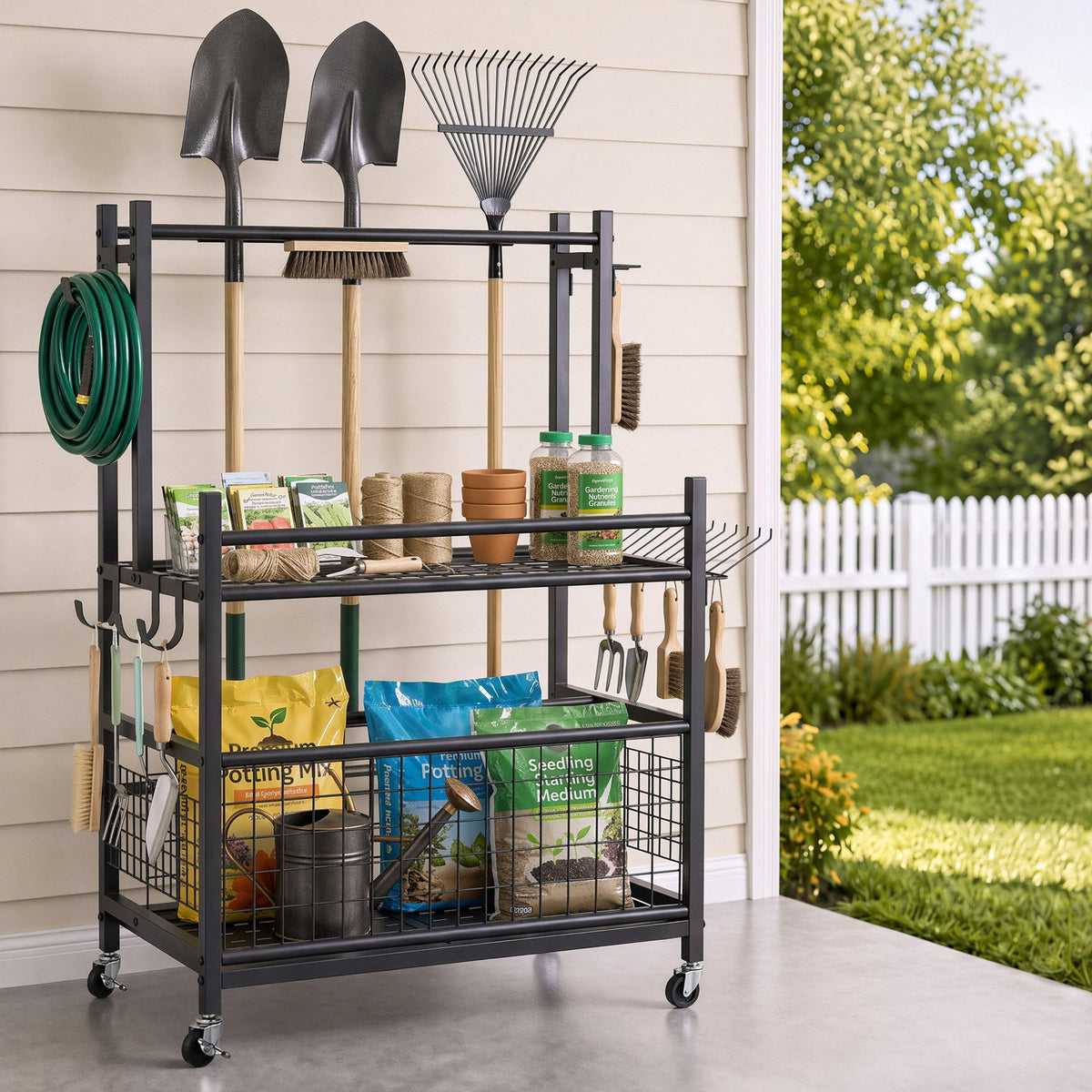 Black steel garden tool organiser with wheels, slots, hooks and a storage basket