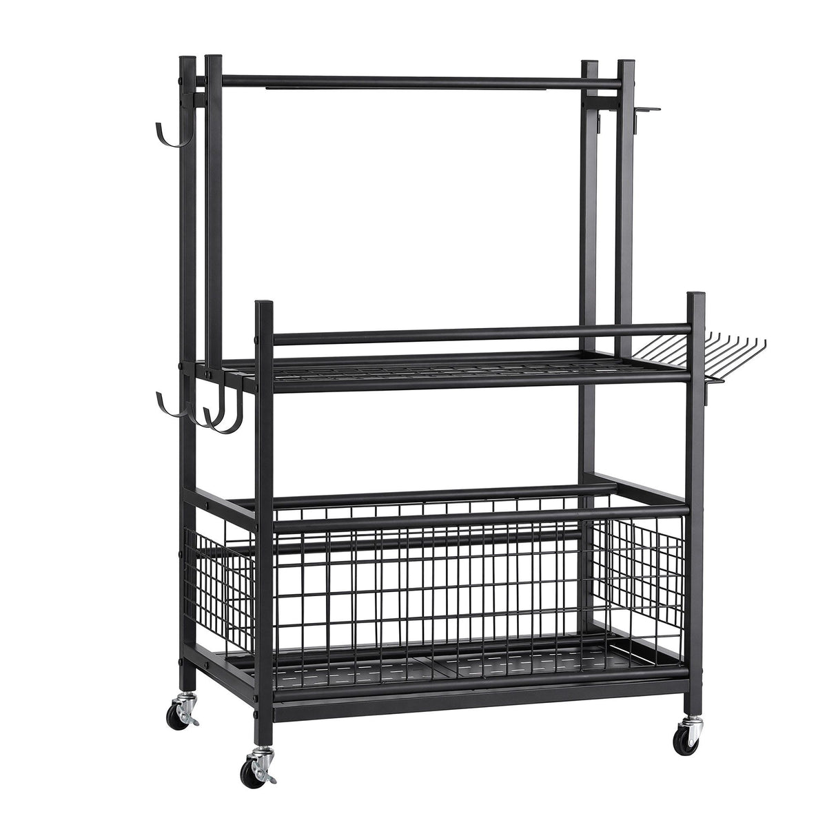 Black steel garden tool organiser with wheels, slots, hooks and a storage basket