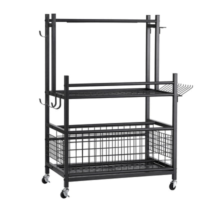 Black steel garden tool organiser with wheels, slots, hooks and a storage basket