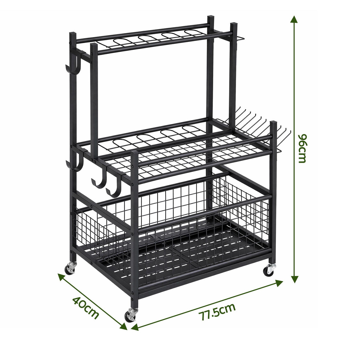 Black steel garden tool organiser with wheels, slots, hooks and a storage basket