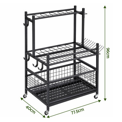 Black steel garden tool organiser with wheels, slots, hooks and a storage basket