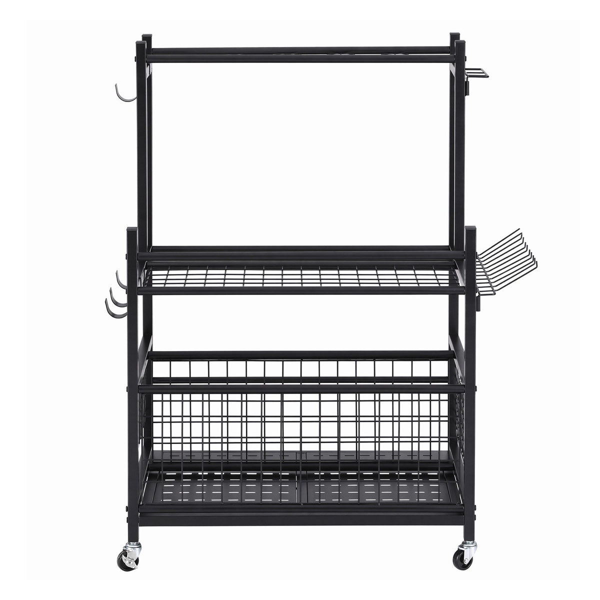 Black steel garden tool organiser with wheels, slots, hooks and a storage basket
