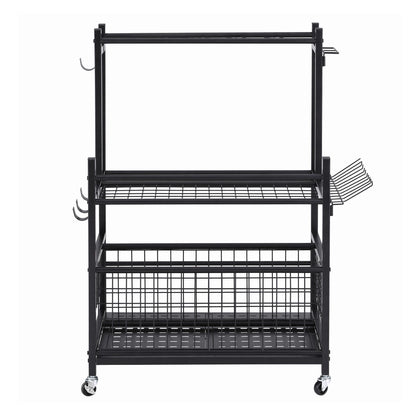 Black steel garden tool organiser with wheels, slots, hooks and a storage basket