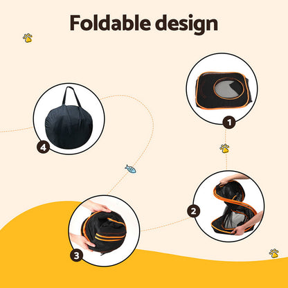Folding six-in-one pet playpen with tunnel and mesh panels set up on grass