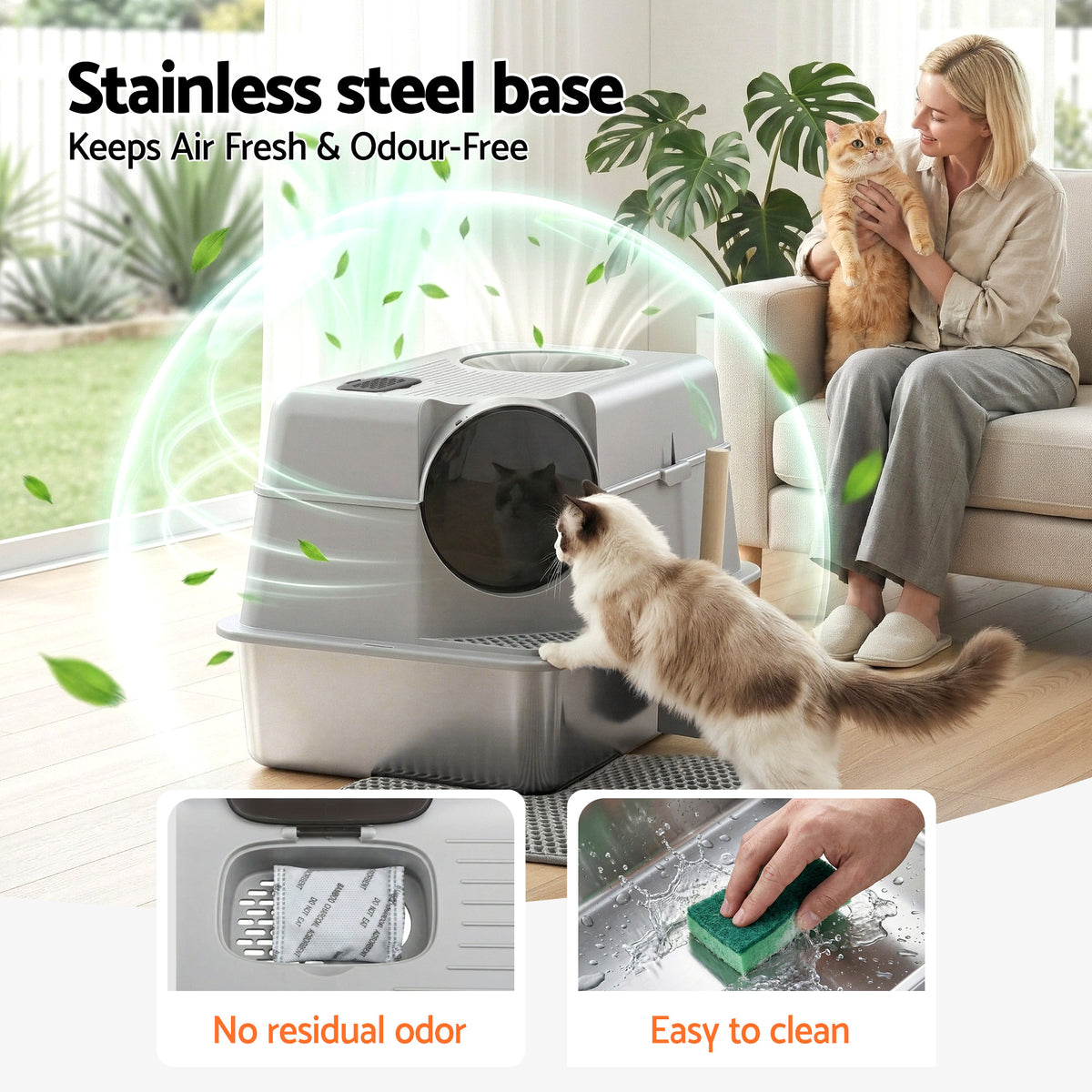 Large high sided stainless steel open cat litter tray
