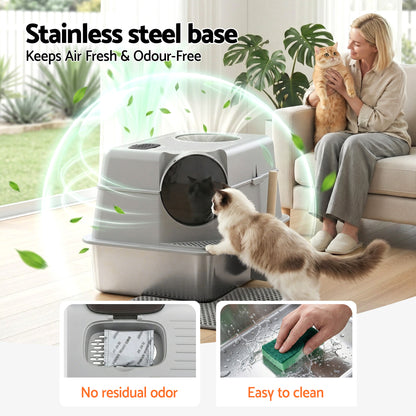 Large high sided stainless steel open cat litter tray