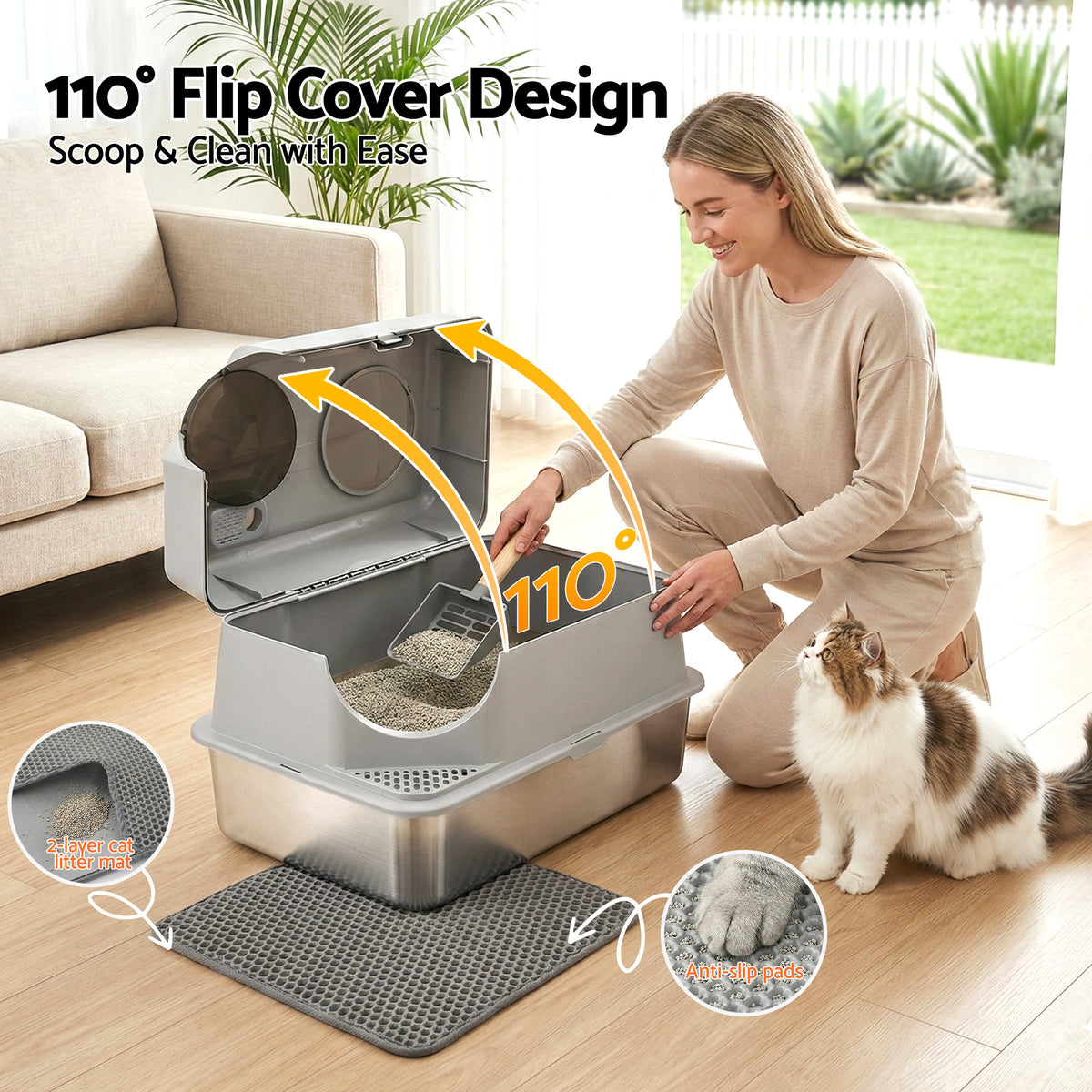Large high sided stainless steel open cat litter tray