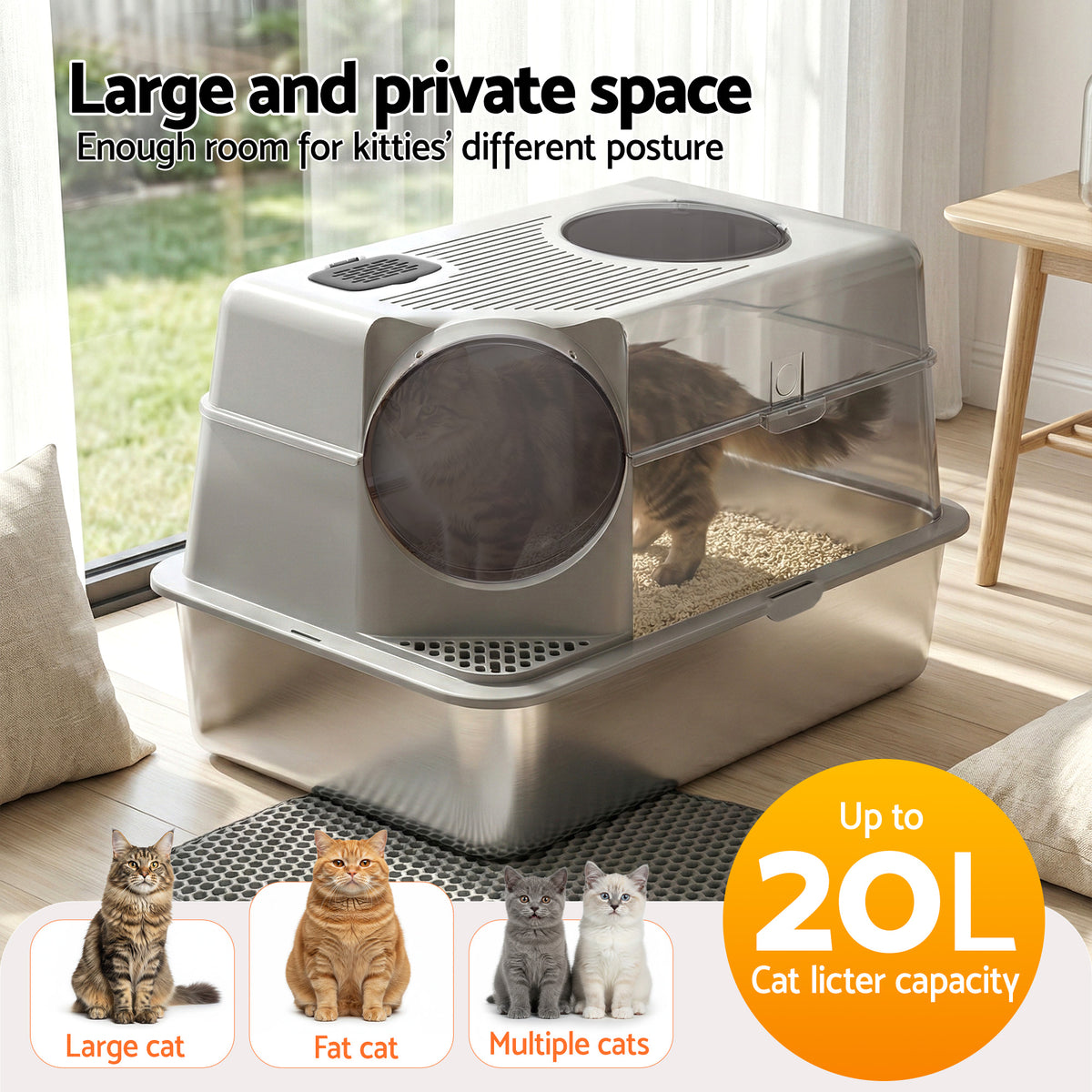 Large high sided stainless steel open cat litter tray