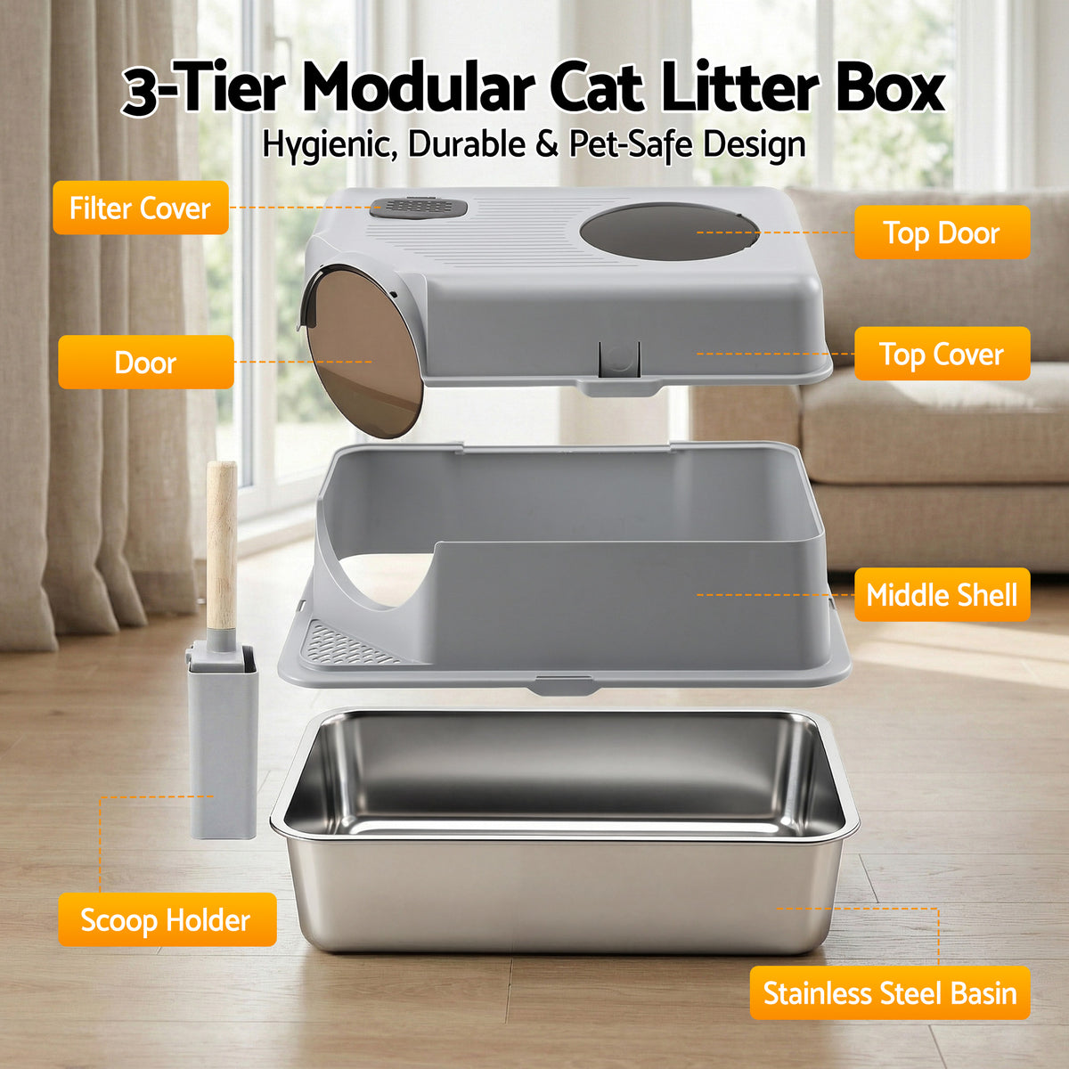 Large high sided stainless steel open cat litter tray
