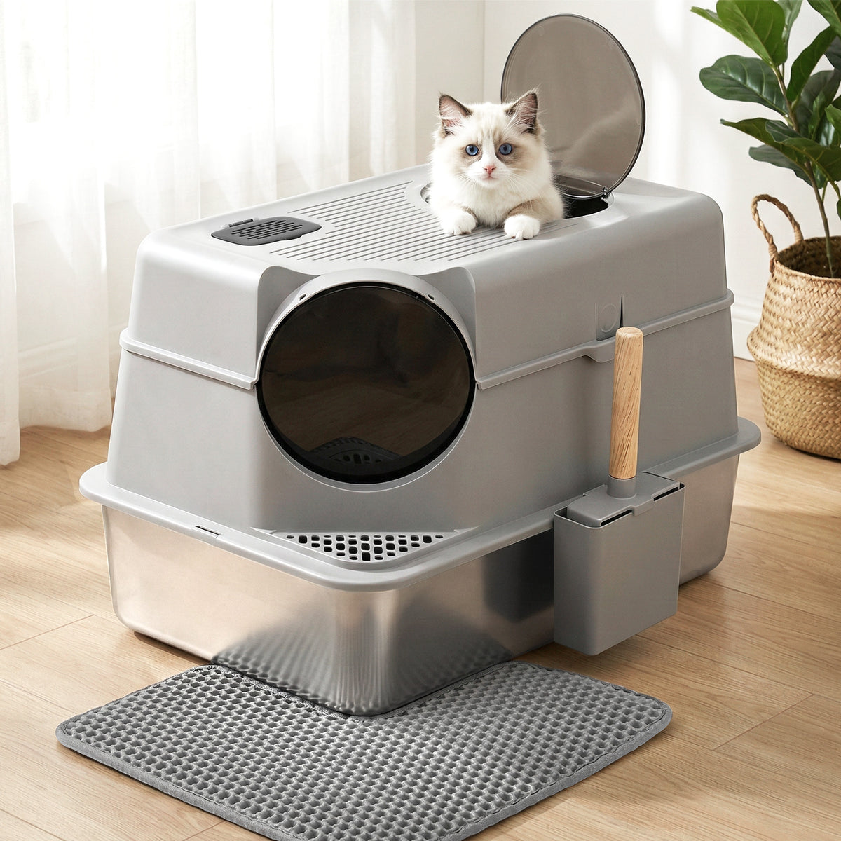 Large high sided stainless steel open cat litter tray