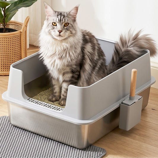Extra large semi-enclosed stainless steel cat litter box in grey