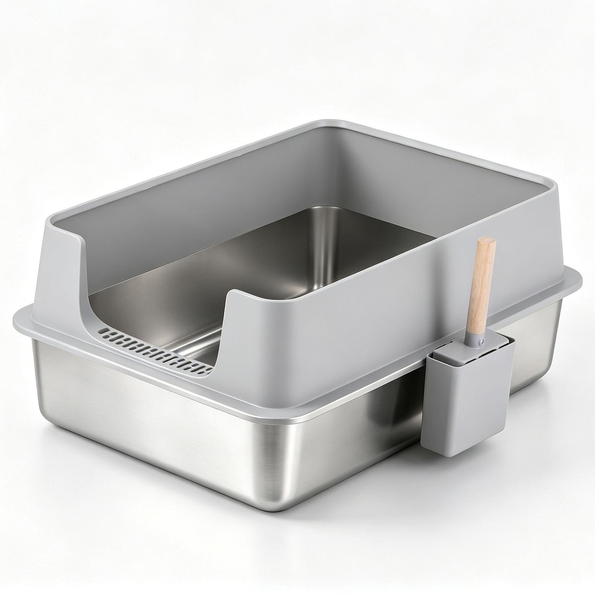 Extra large semi-enclosed stainless steel cat litter box in grey