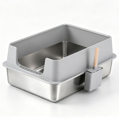 Extra large semi-enclosed stainless steel cat litter box in grey
