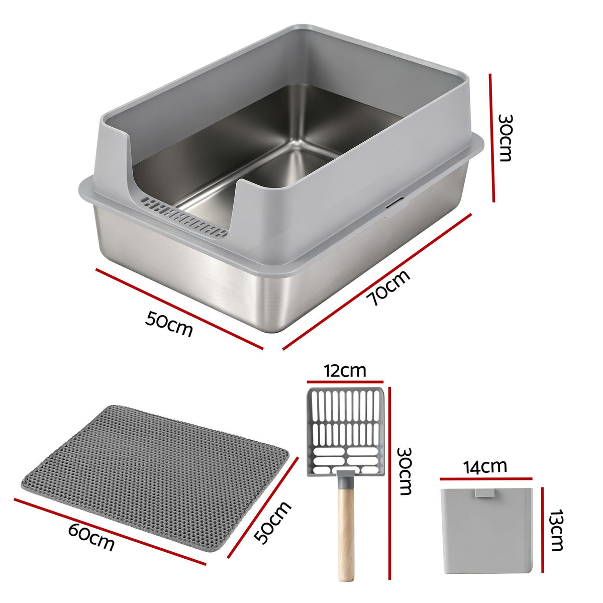 Extra large semi-enclosed stainless steel cat litter box in grey