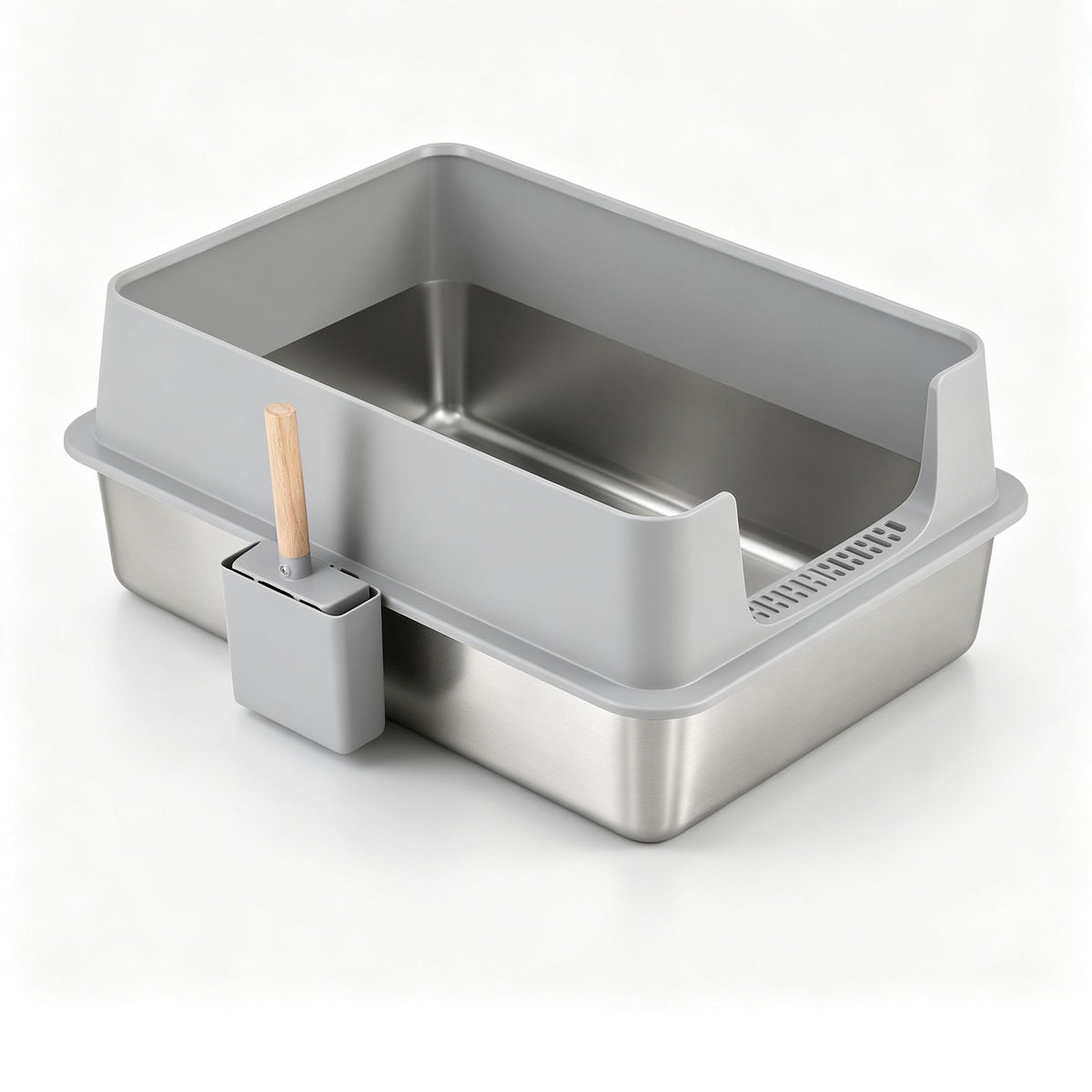 Extra large semi-enclosed stainless steel cat litter box in grey