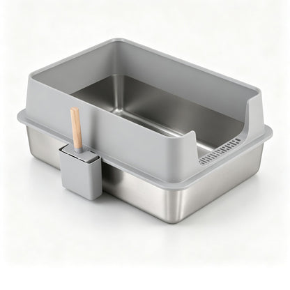 Extra large semi-enclosed stainless steel cat litter box in grey