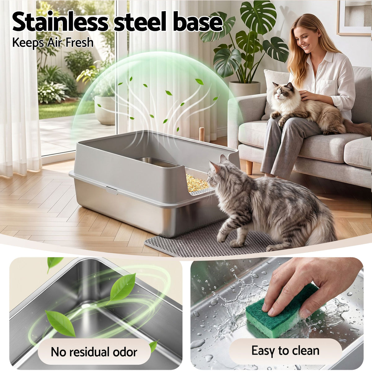 Extra large semi-enclosed stainless steel cat litter box in grey