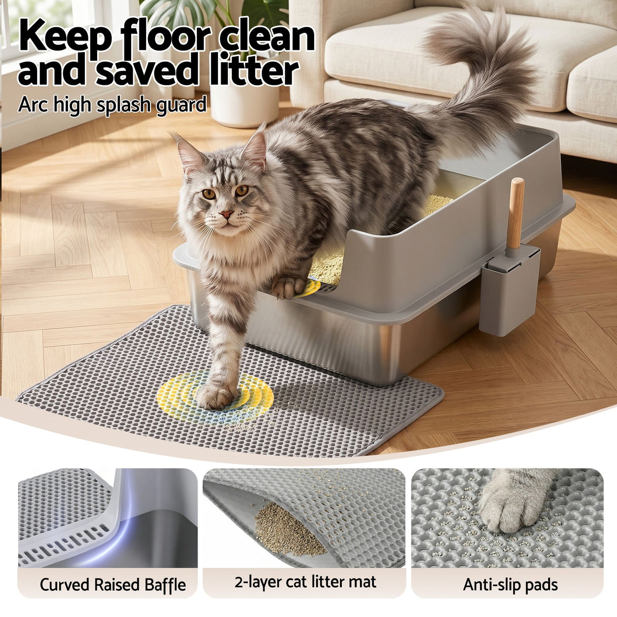 Extra large semi-enclosed stainless steel cat litter box in grey