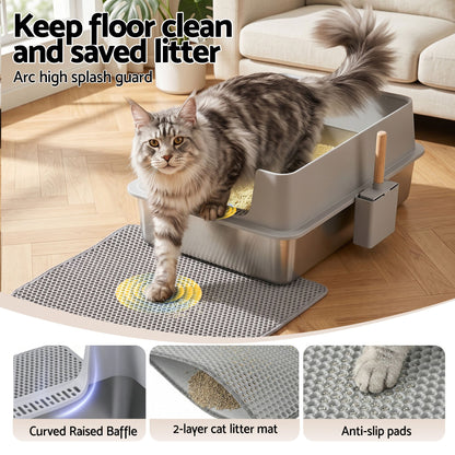 Extra large semi-enclosed stainless steel cat litter box in grey