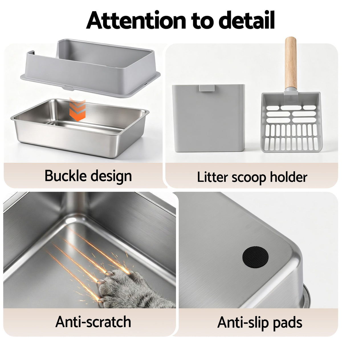 Extra large semi-enclosed stainless steel cat litter box in grey