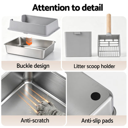 Extra large semi-enclosed stainless steel cat litter box in grey