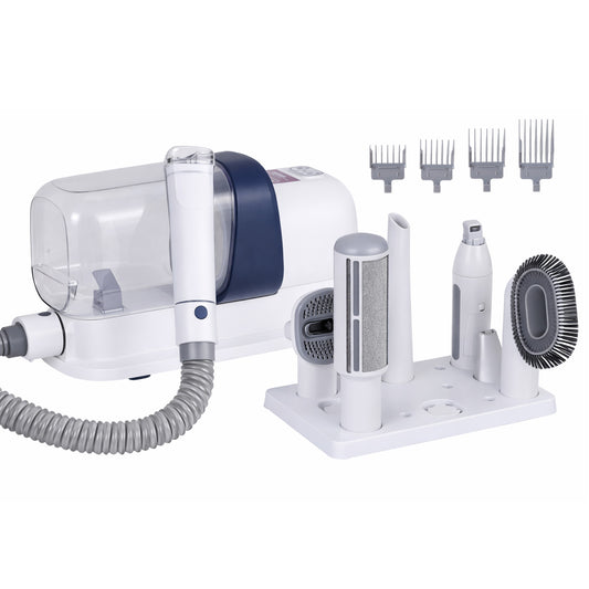 White 7-in-1 pet grooming kit with vacuum and comb attachments