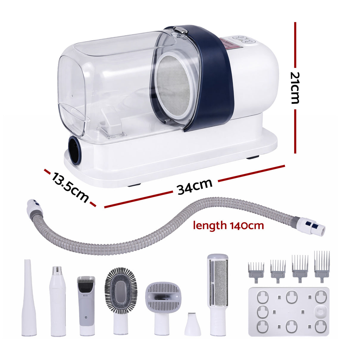 White 7-in-1 pet grooming kit with vacuum and comb attachments