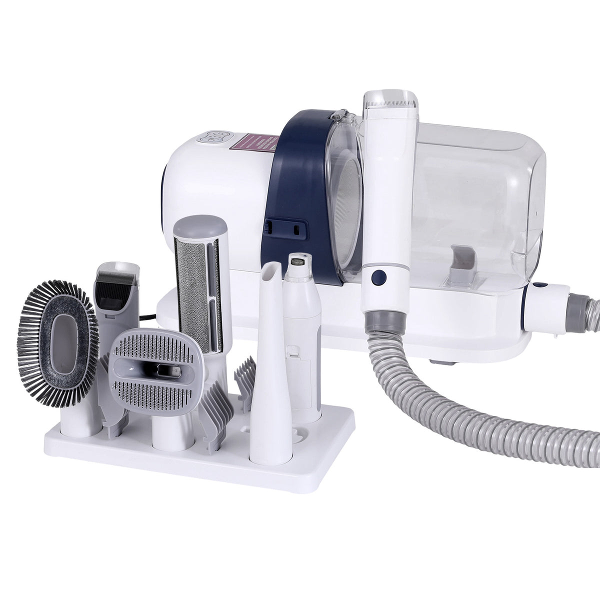 White 7-in-1 pet grooming kit with vacuum and comb attachments