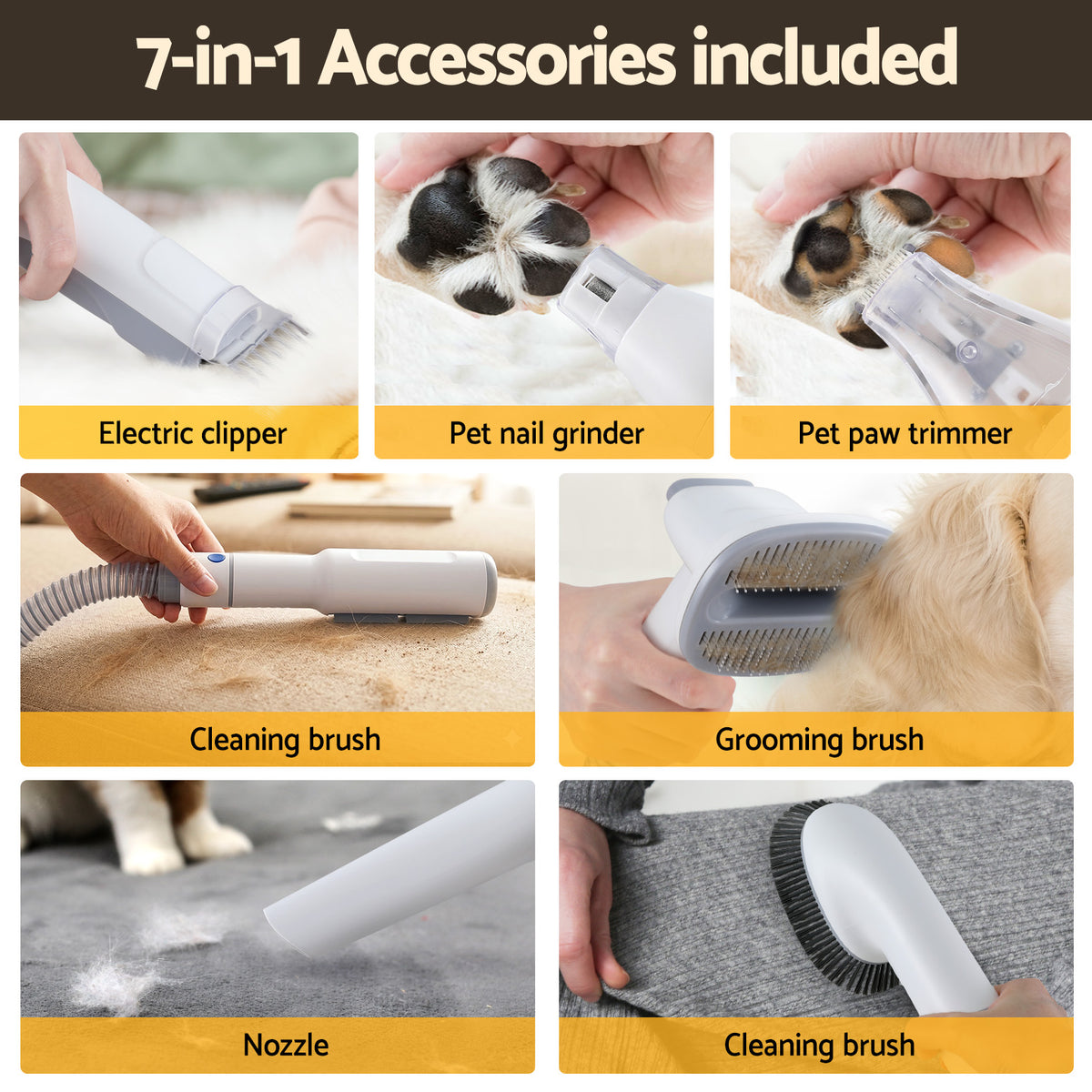 White 7-in-1 pet grooming kit with vacuum and comb attachments
