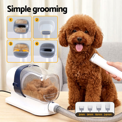 White 7-in-1 pet grooming kit with vacuum and comb attachments