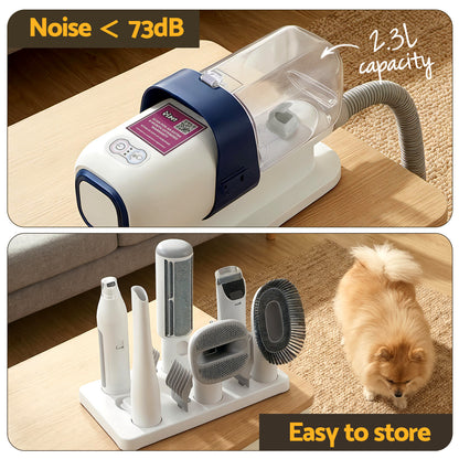 White 7-in-1 pet grooming kit with vacuum and comb attachments