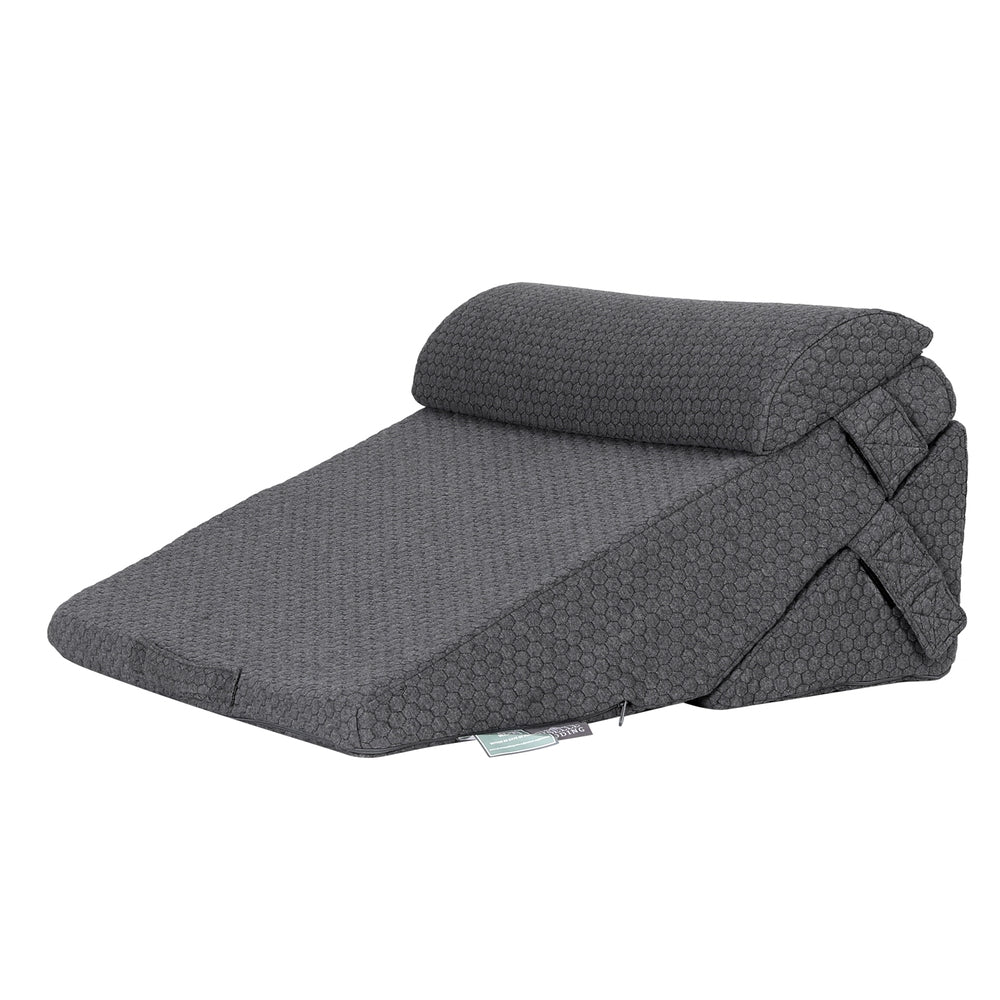 Grey adjustable wedge pillow with layered foam design and jacquard cover