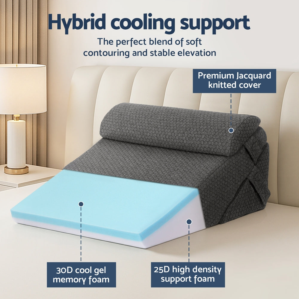 Grey adjustable wedge pillow with layered foam design and jacquard cover