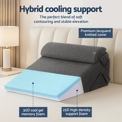 Grey adjustable wedge pillow with layered foam design and jacquard cover