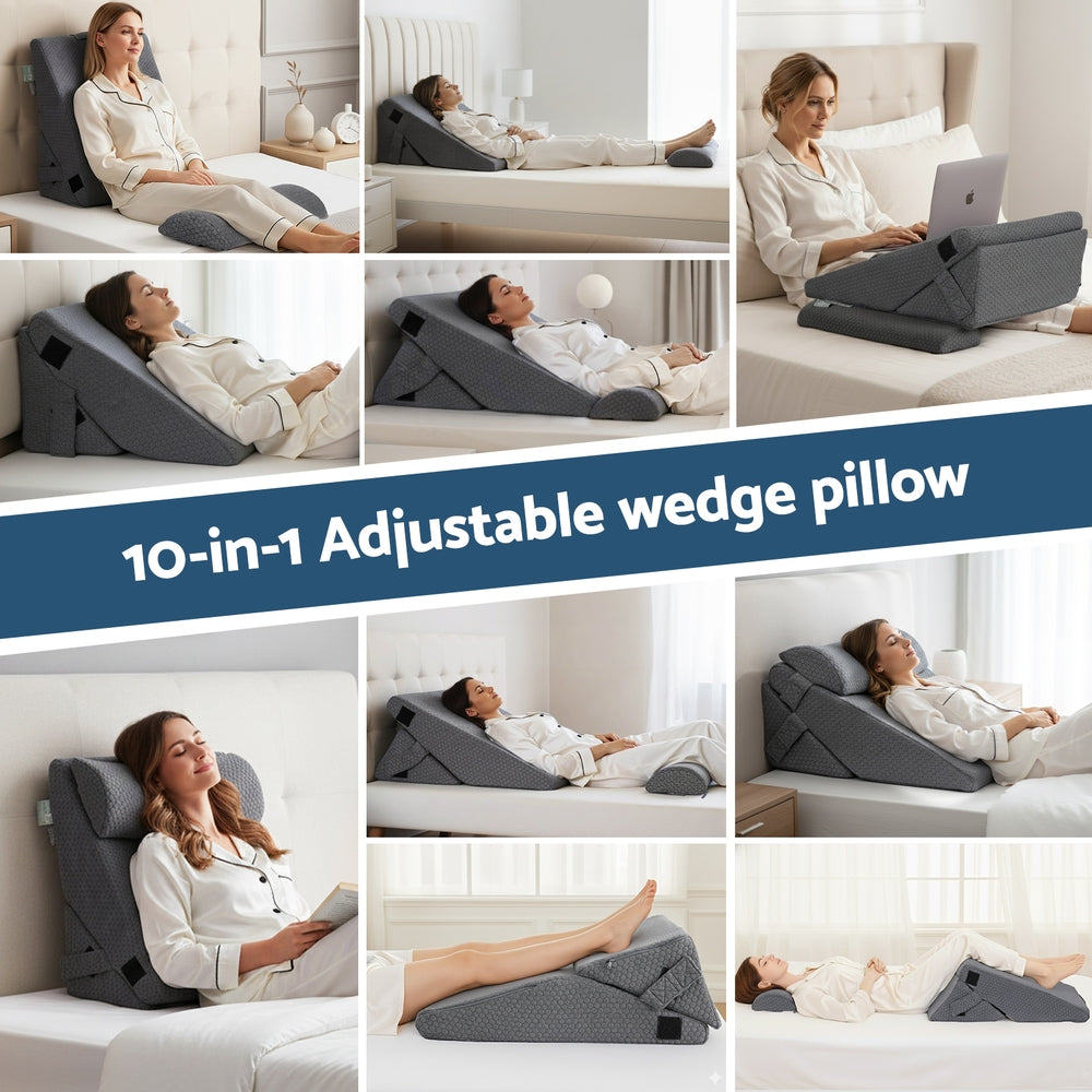 Grey adjustable wedge pillow with layered foam design and jacquard cover