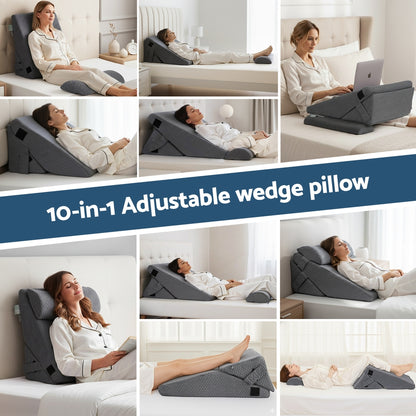 Grey adjustable wedge pillow with layered foam design and jacquard cover
