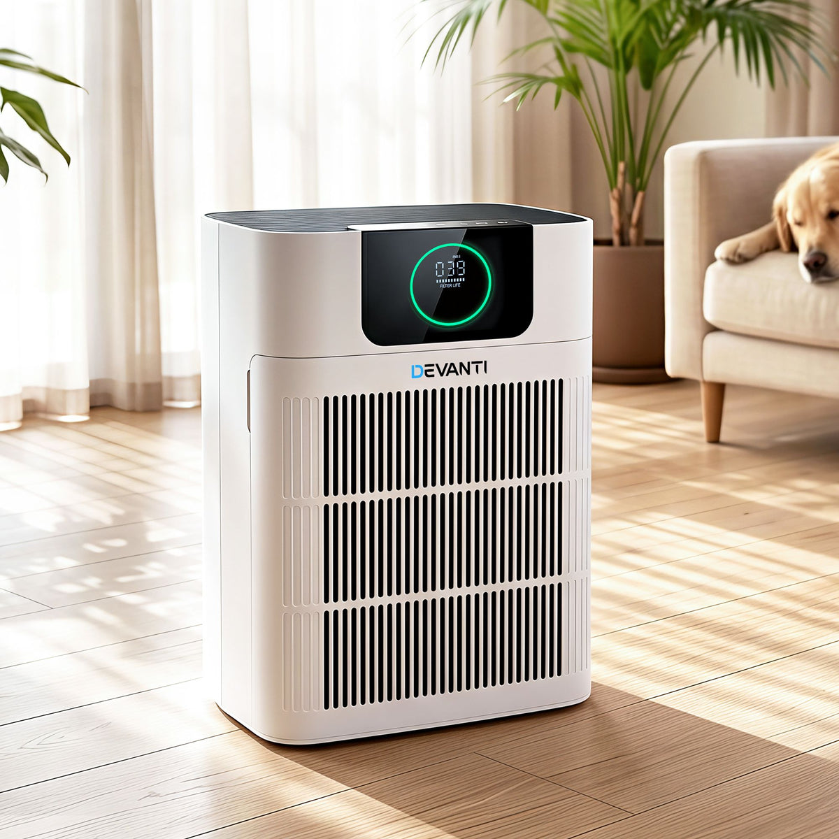 White pet air purifier with PM2.5 display standing in a living room