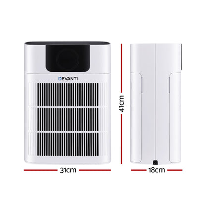 White pet air purifier with PM2.5 display standing in a living room