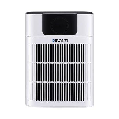 White pet air purifier with PM2.5 display standing in a living room