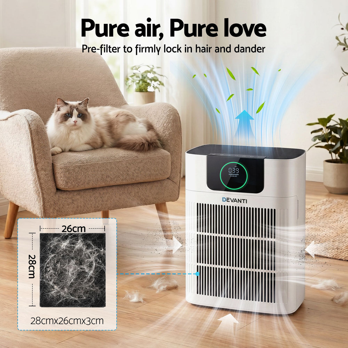 White pet air purifier with PM2.5 display standing in a living room