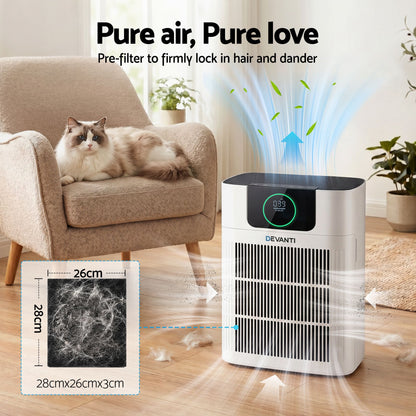 White pet air purifier with PM2.5 display standing in a living room