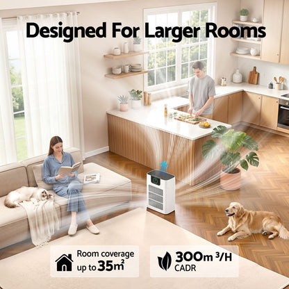 White pet air purifier with PM2.5 display standing in a living room