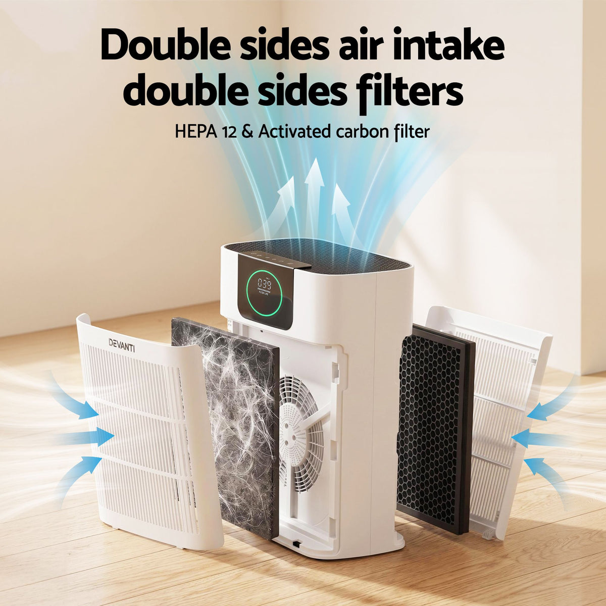 White pet air purifier with PM2.5 display standing in a living room